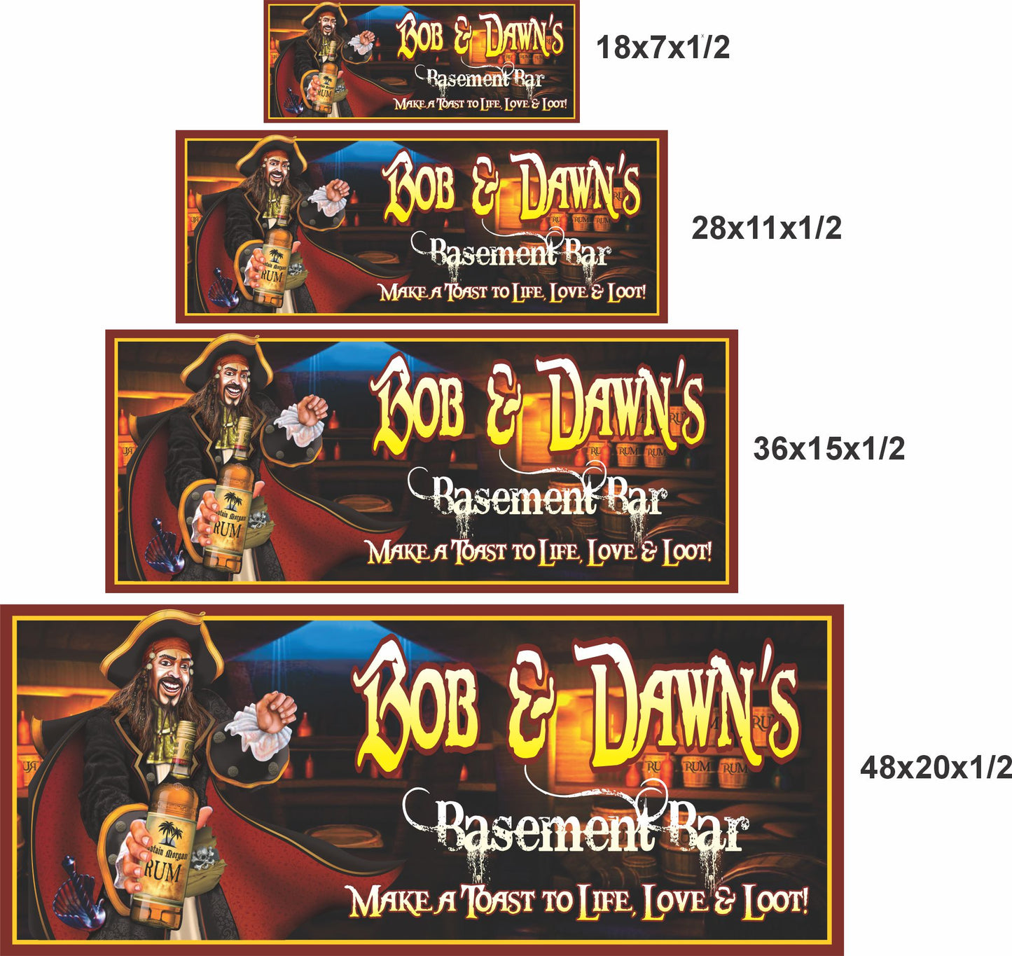 Pirate bar sign shown in 18x7, 28x11, 36x15, and 48x20 inch size options