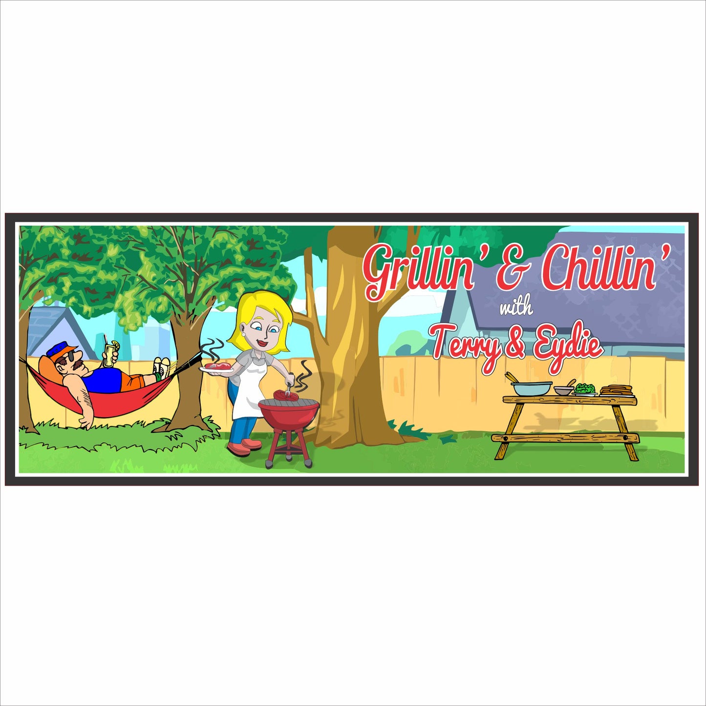 Personalized backyard BBQ sign with illustrated grilling scene and customizable text