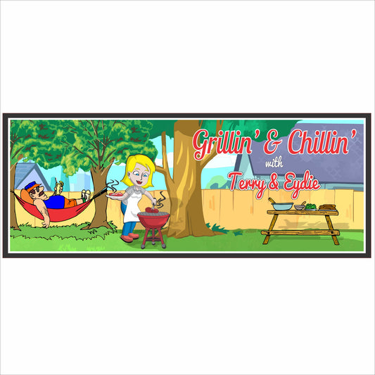 Personalized backyard BBQ sign with illustrated grilling scene and customizable text