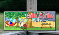 Personalized Chillin' & Grillin' Backyard Sign with Hammock Man & Female Griller