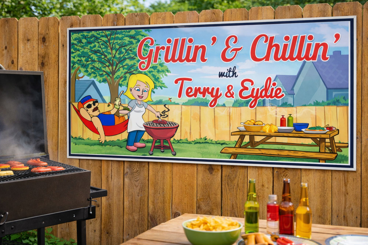 Custom outdoor grill sign displayed on a backyard patio wall