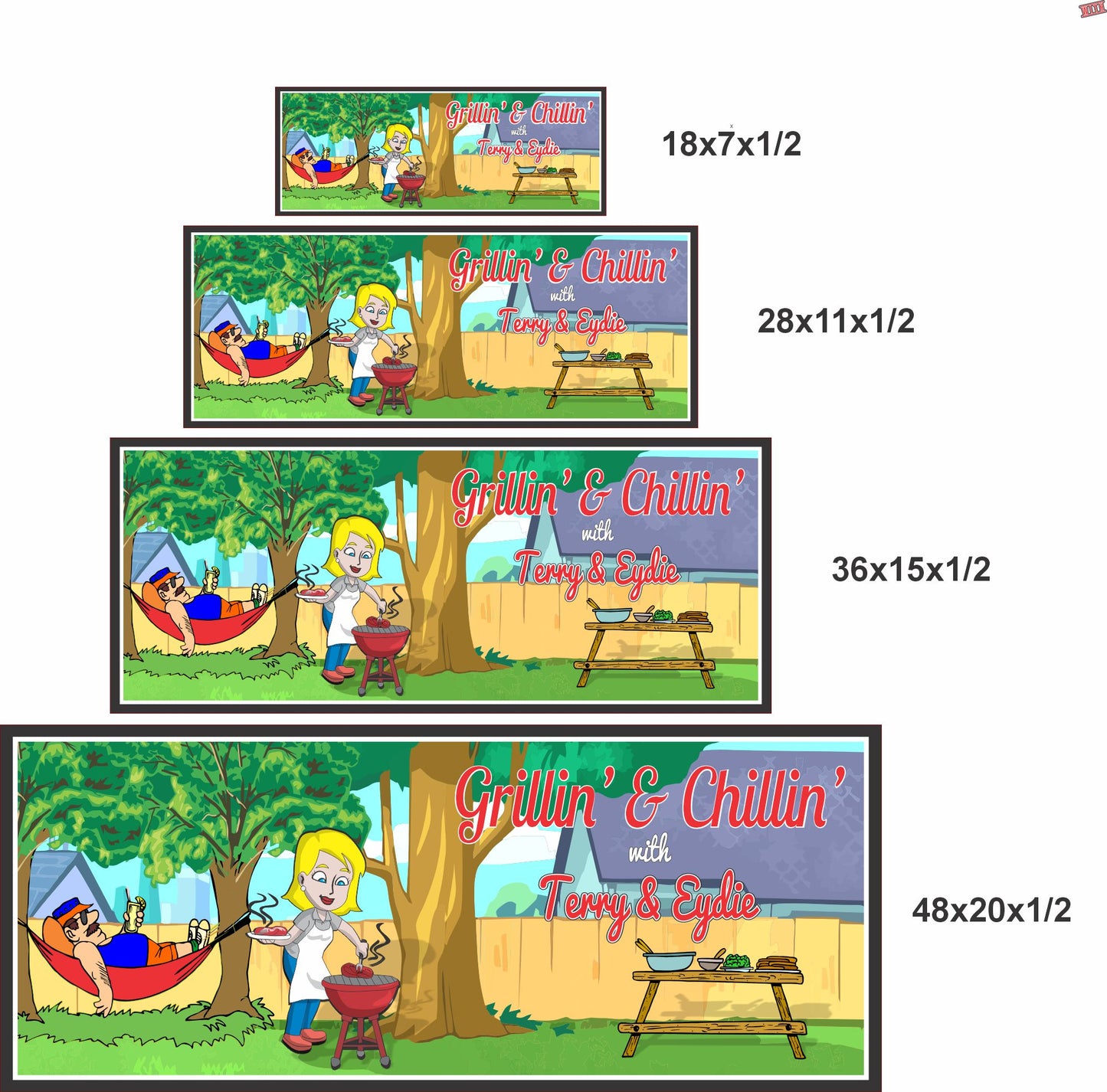 Backyard BBQ sign shown in 18x7, 28x11, 36x15, and 48x20 size options