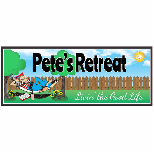 Personalized backyard retreat sign with hammock scene, fence, greenery, and relaxing outdoor message printed on rigid PVC.