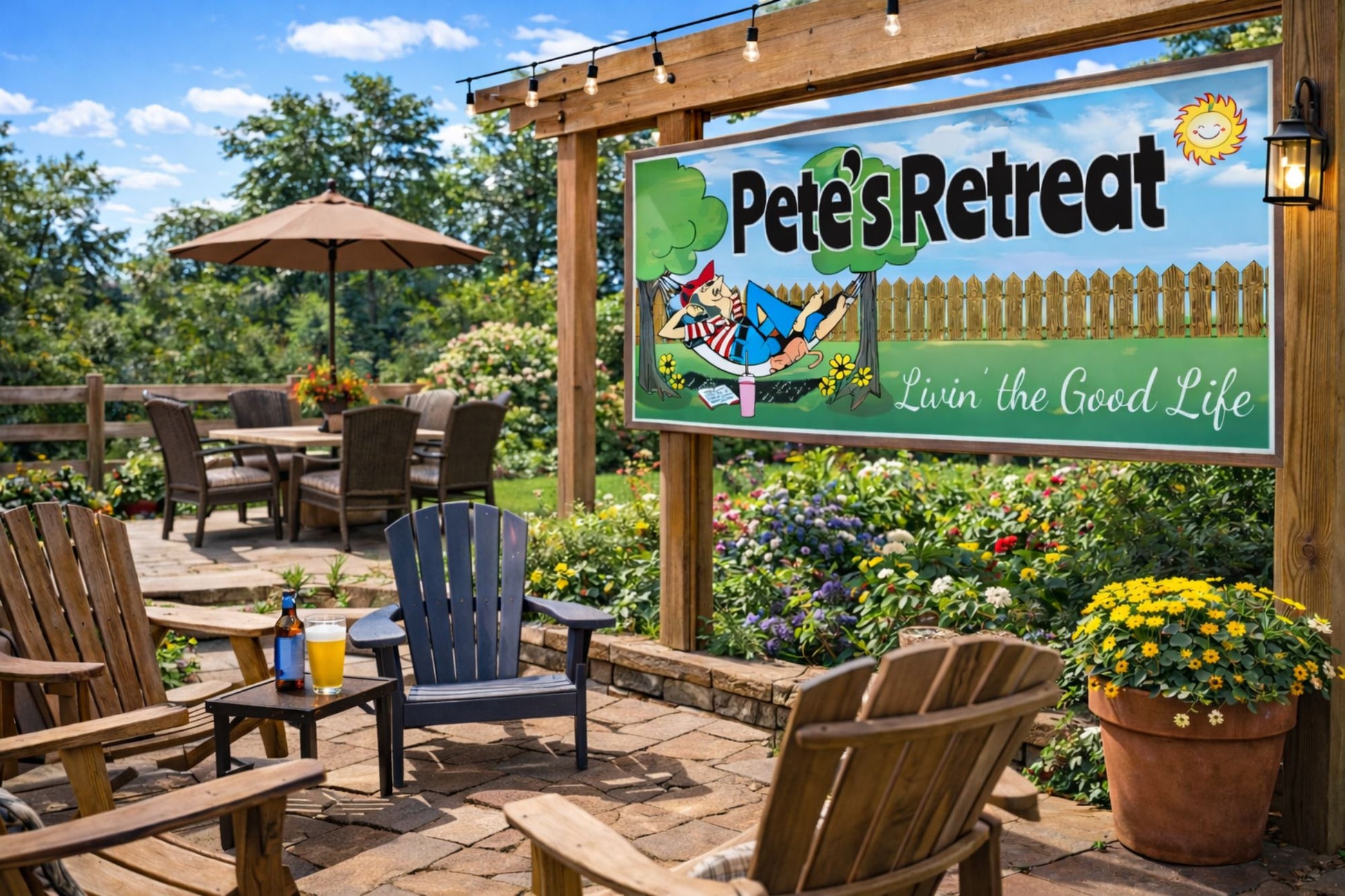 Backyard retreat sign displayed in an outdoor patio seating area with plants and lounge furniture.