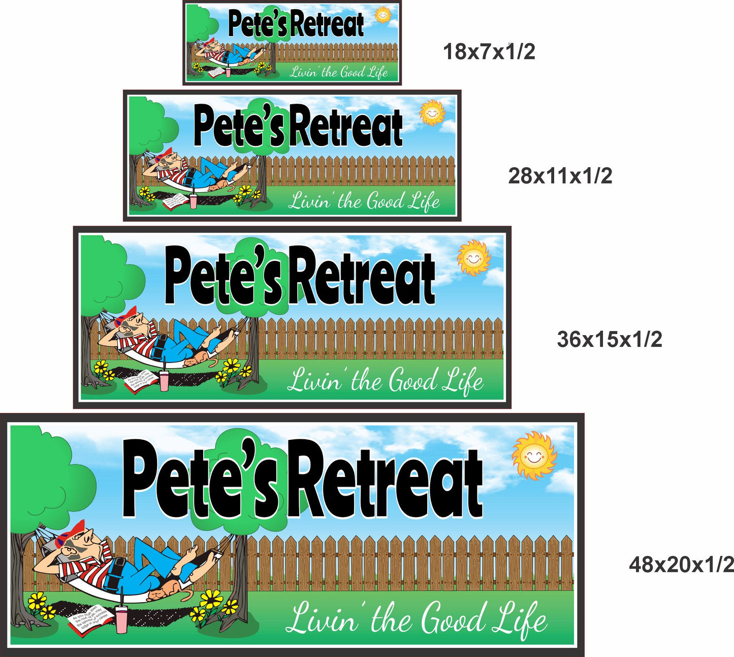 Personalized backyard retreat sign shown in four size options including 18x7, 28x11, 36x15, and 48x20 inches.