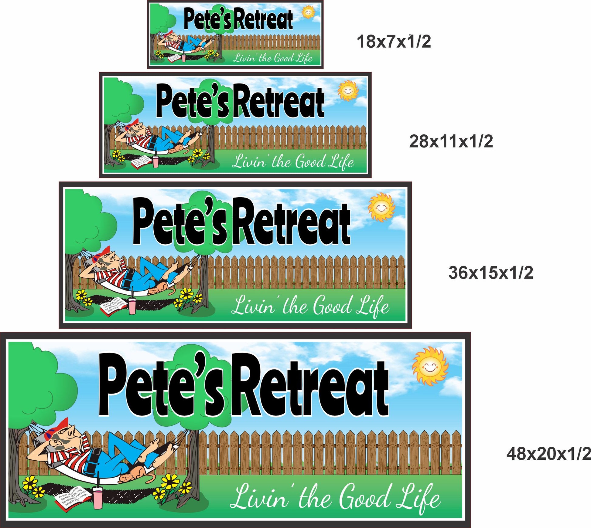 Personalized backyard retreat sign shown in four size options including 18x7, 28x11, 36x15, and 48x20 inches.