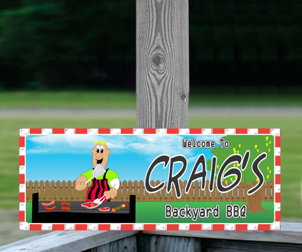 Custom Backyard BBQ Sign: Grill with Red & White Checkered Border