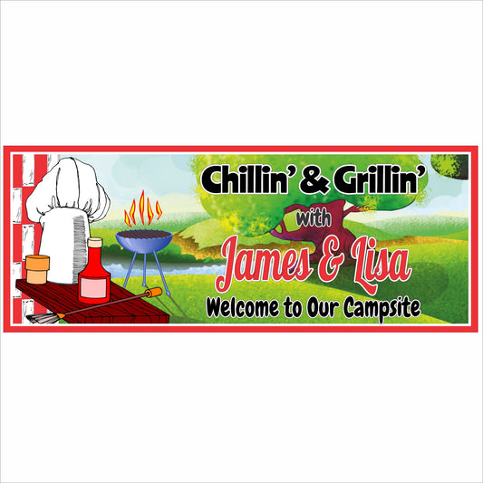 Personalized Chillin and Grillin camping sign with chef illustration and customizable names