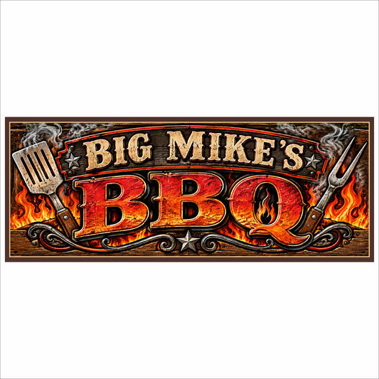Personalized BBQ sign with fiery red and orange lettering, rustic wood background, grilling utensils, decorative border, and flames.