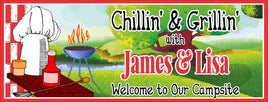 Personalized Campsite Sign: Grill & Picnic Table with BBQ Accessories