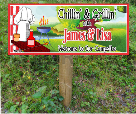 Personalized Campsite Sign: Grill & Picnic Table with BBQ Accessories