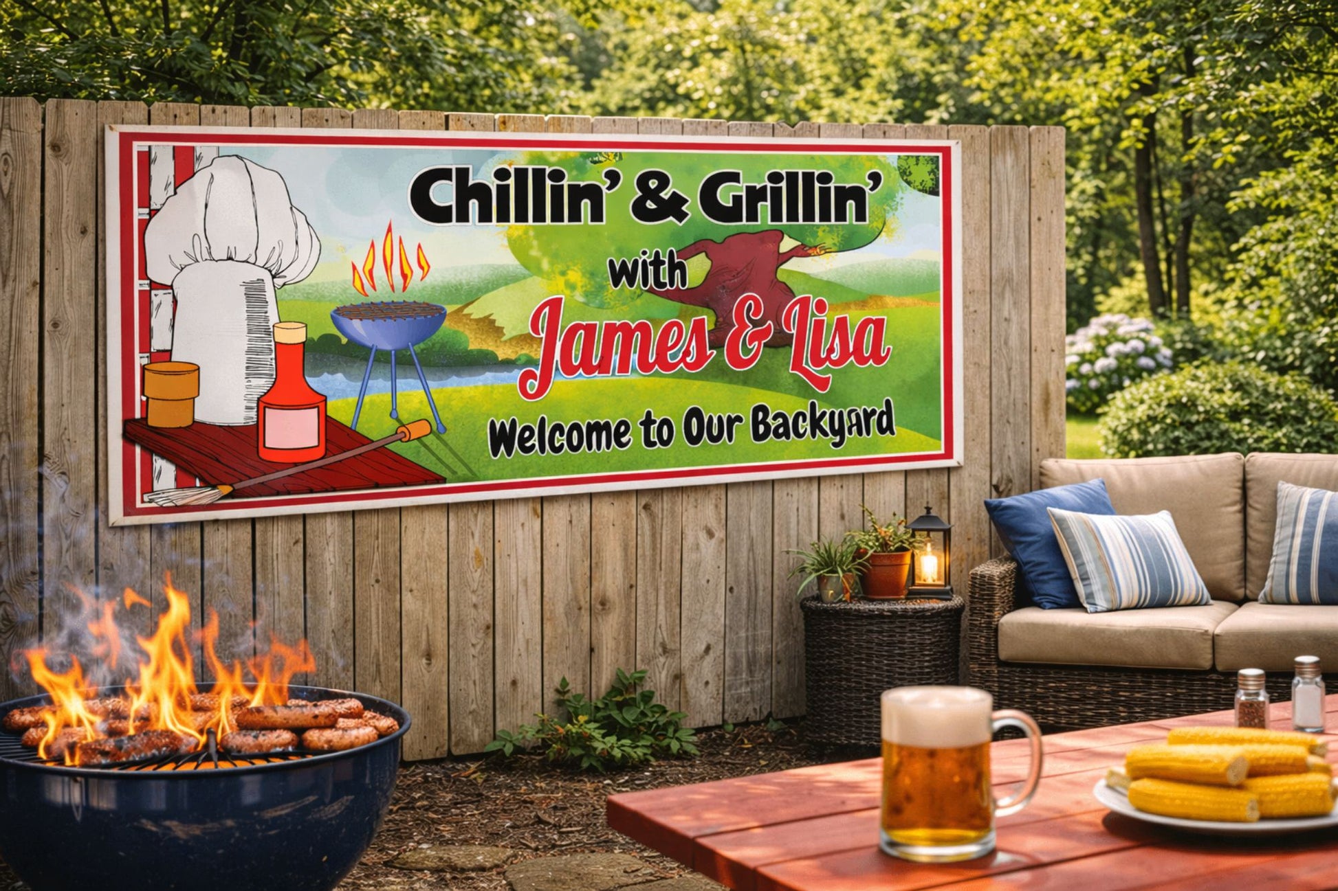 Personalized Chillin and Grillin sign displayed on a backyard fence with a grill, fire pit, outdoor seating, and picnic table in a sunny patio setting