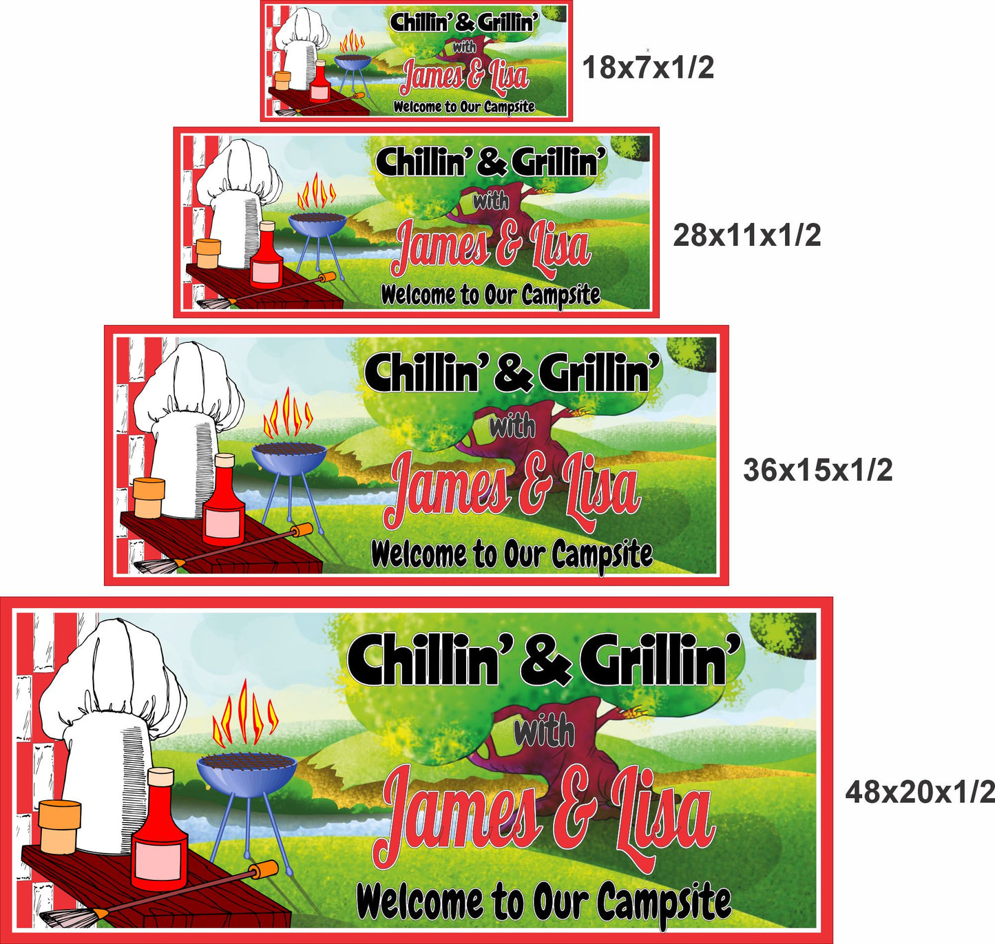 Chillin and Grillin camping sign shown in 18x7 28x11 36x15 and 48x20 sizes