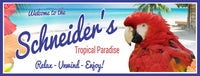 Custom Red Parrot Beach Sign: Tropical Vibes with Hibiscus Flowers