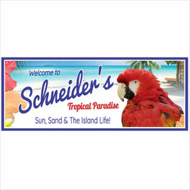 Personalized tropical paradise sign with macaw parrot, beach background, and custom family name