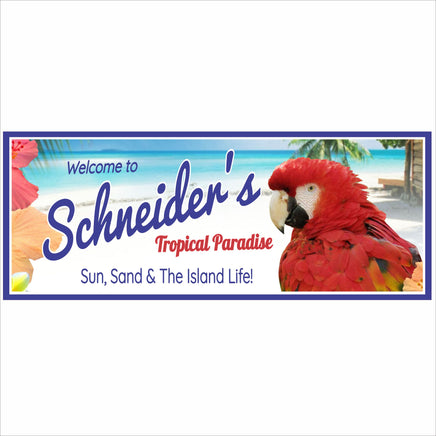 Personalized tropical paradise sign with macaw parrot, beach background, and custom family name