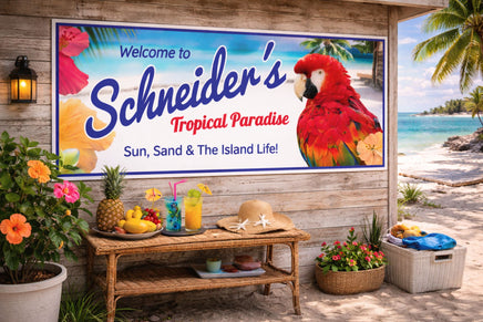 Custom tropical parrot sign displayed on an outdoor coastal patio wall