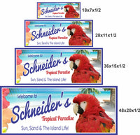 Tropical paradise sign shown in 18x7, 28x11, 36x15, and 48x20 sizes