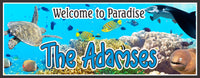 Customized Ocean Oasis: Personalized Underwater Welcome Sign featuring a vibrant coral reef backdrop adorned with a sea turtle, tropical fish, stingray, and eel.