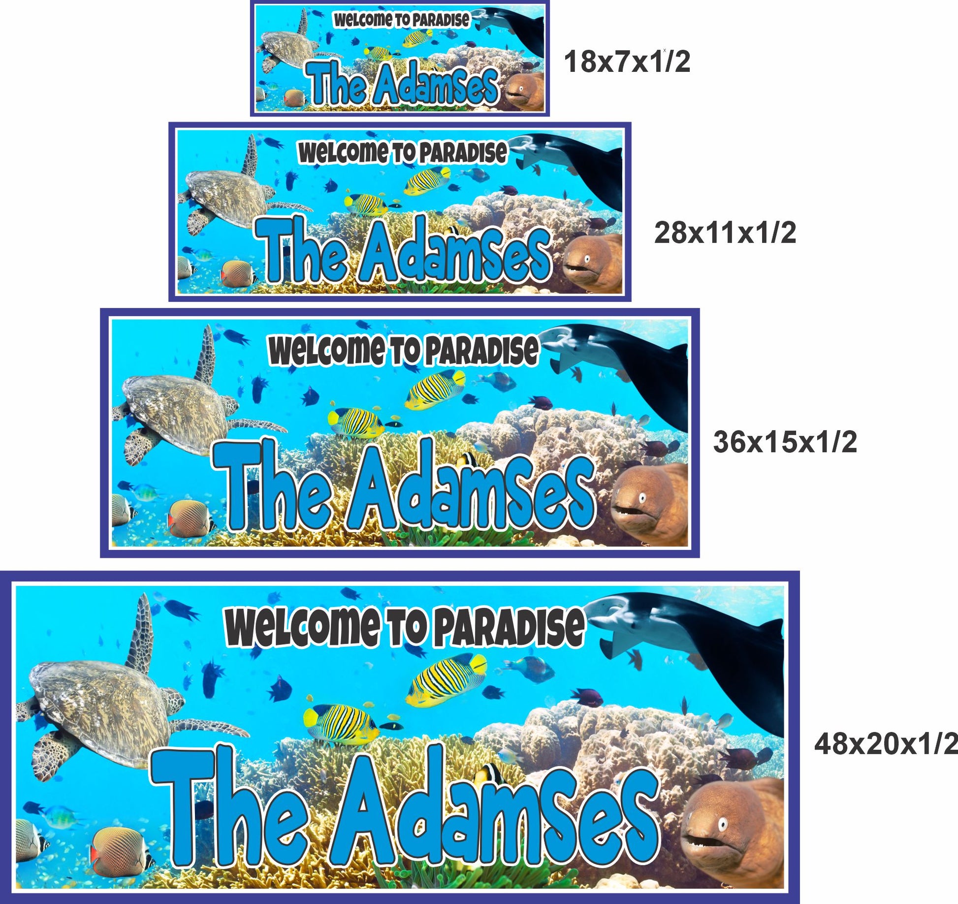 Ocean reef sign shown in 18x7, 28x11, 36x15, and 48x20 sizes