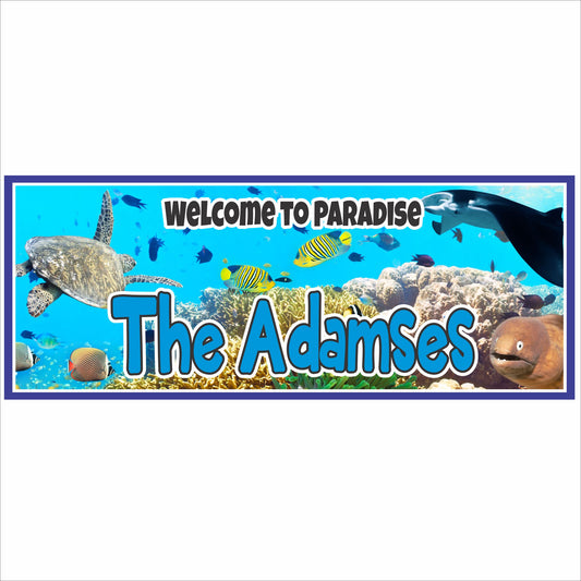 Personalized ocean reef family sign with tropical fish and coral underwater scene