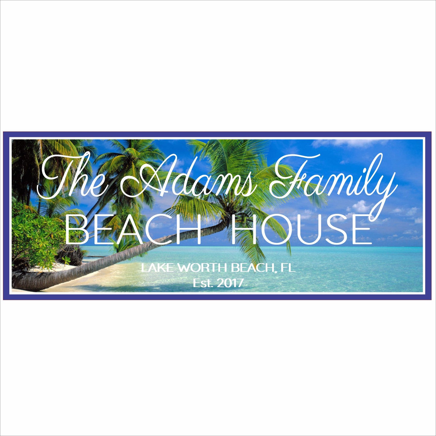 Personalized beach house sign with palm trees, ocean background, and custom family name