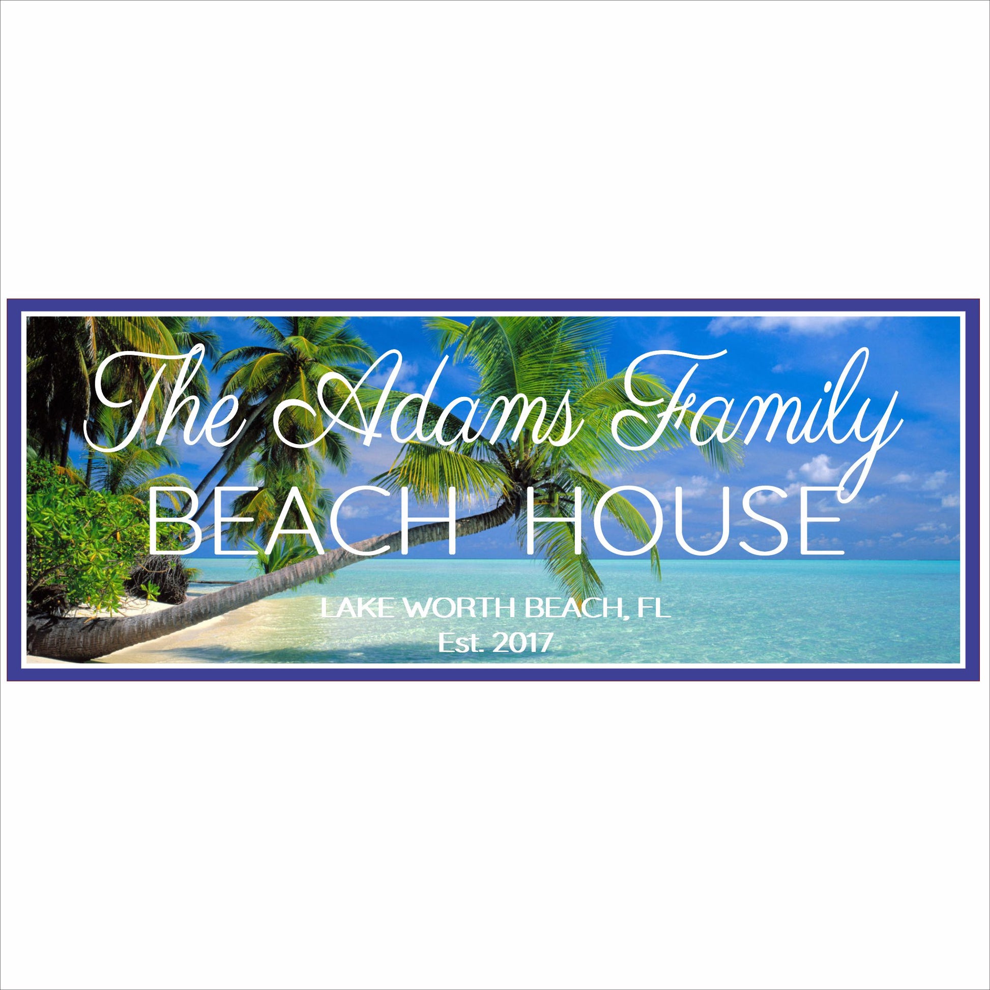 Personalized beach house sign with palm trees, ocean background, and custom family name