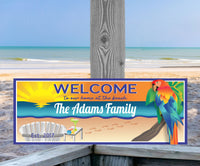 Tropical Sunset Welcome Sign: Personalized Parrot, Chair, Margarita & Palm Tree
