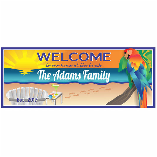 Personalized beach welcome sign with tropical parrot and ocean scene featuring custom family name and message