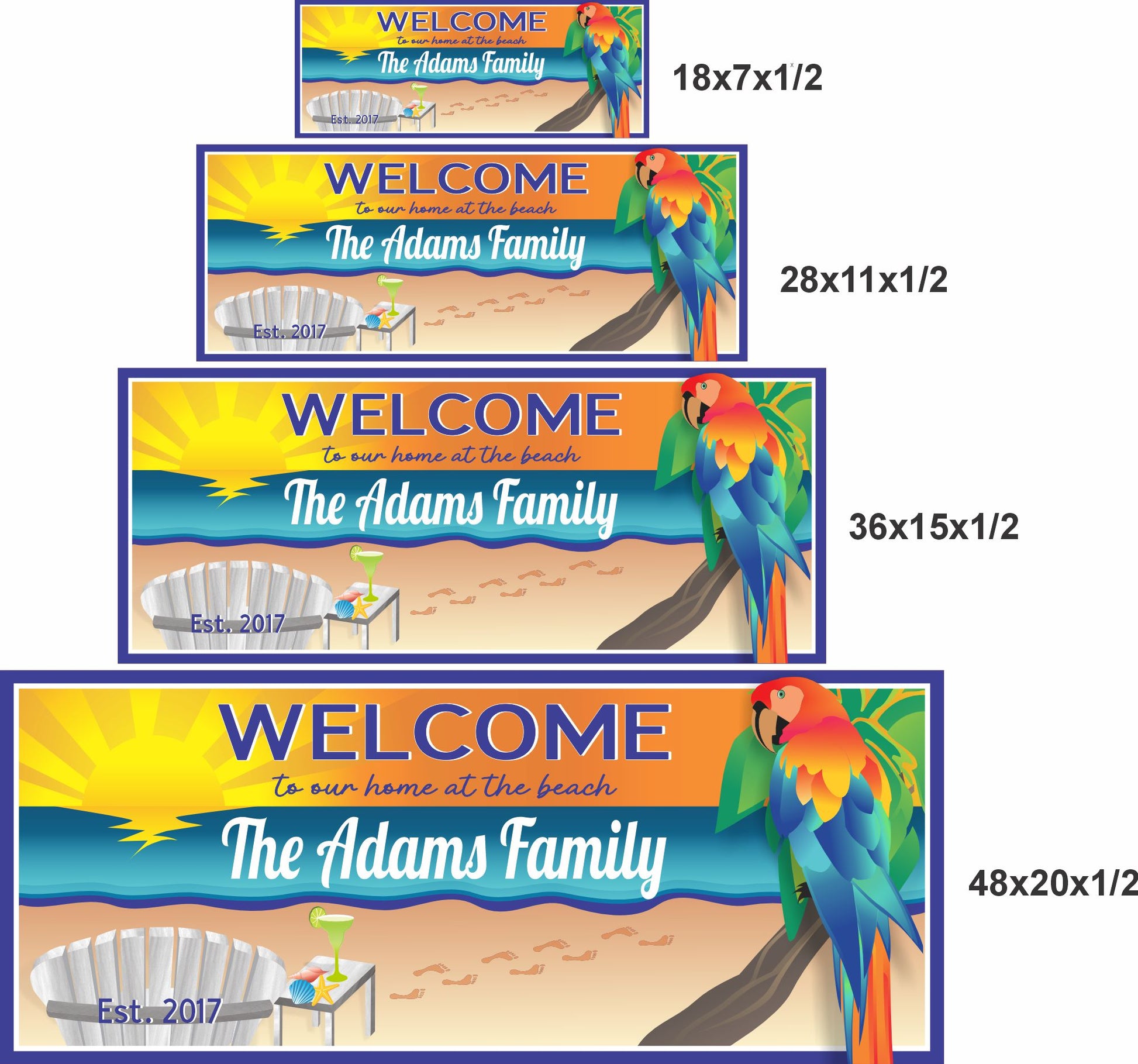 Personalized tropical welcome sign shown in 18x7, 28x11, 36x15, and 48x20 inch size options
