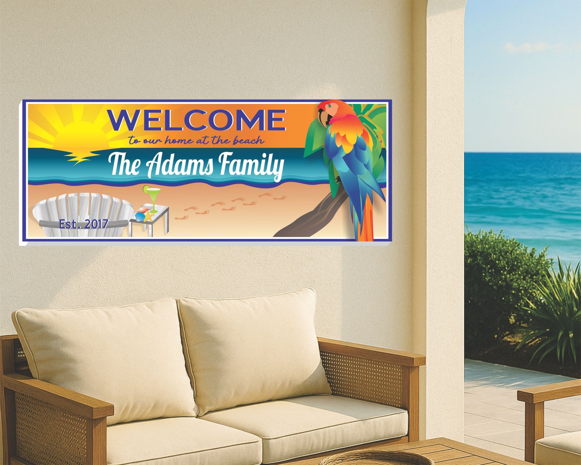 Custom beach family welcome sign mounted on a coastal living room wall with ocean view and wicker furniture