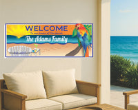 Tropical Sunset Welcome Sign: Personalized Parrot, Chair, Margarita & Palm Tree