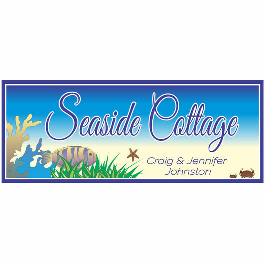 Personalized Seaside Cottage sign with ocean fish and coral design on blue coastal background