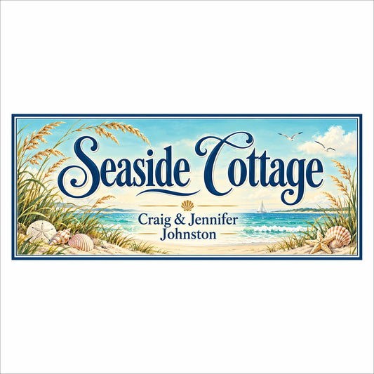 Personalized Seaside Cottage sign with navy script, turquoise ocean scenery, seashells, beach grasses, and three editable text lines.