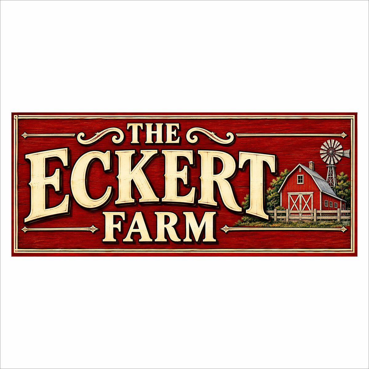 Personalized rustic red farm sign featuring vintage cream lettering, red barn and windmill.