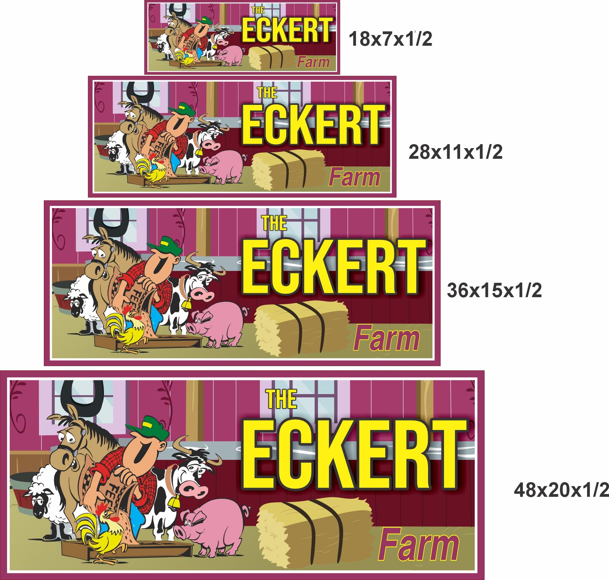 Custom farm sign size options shown in 18x7, 28x11, 36x15, and 48x20 inches for indoor or outdoor display