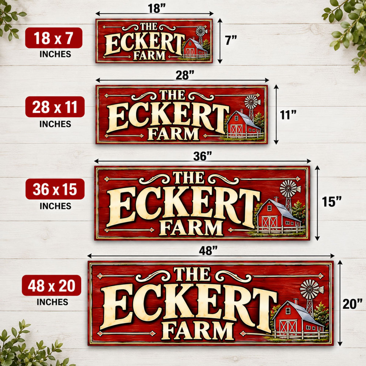 Farmhouse sign size chart showing 18x7, 28x11, 36x15 and 48x20 inch options.