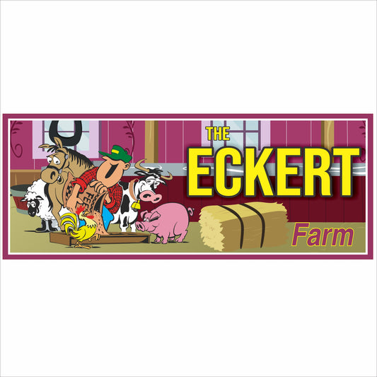 Personalized farm sign with cartoon animals and male farmer character, custom family farm name, printed on durable PVC