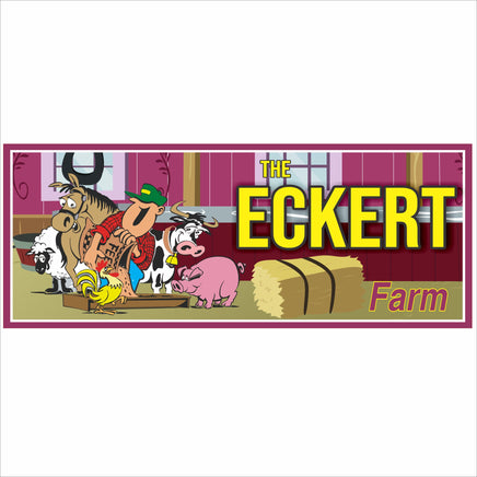 Personalized farm sign with cartoon animals and male farmer character, custom family farm name, printed on durable PVC