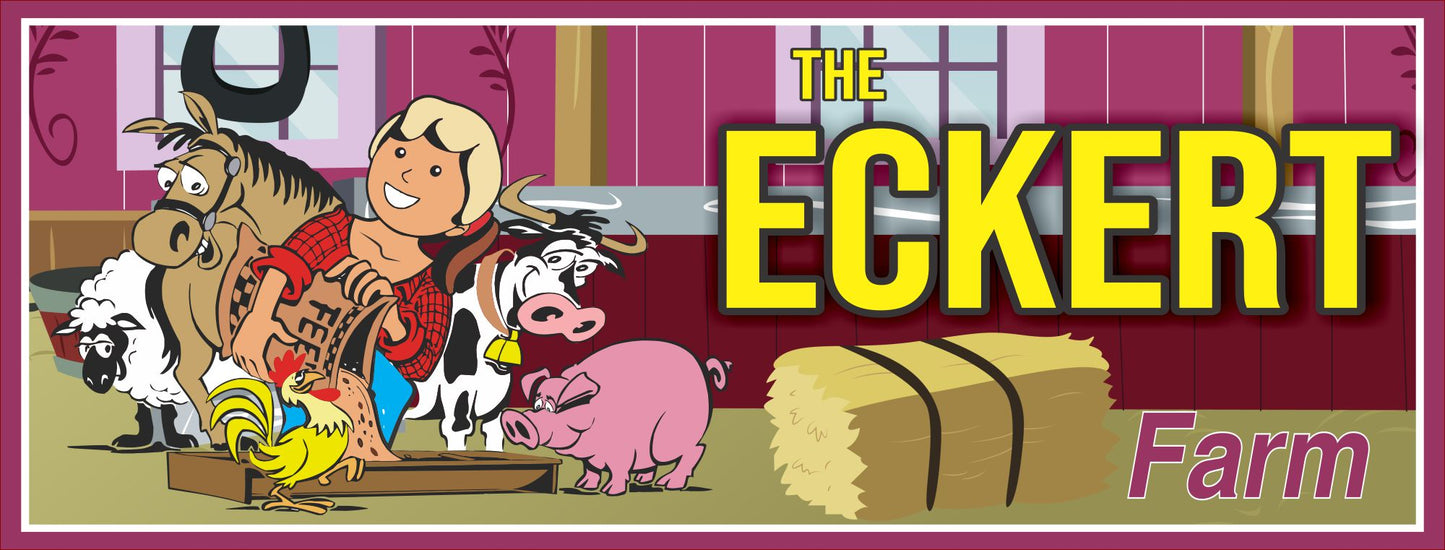 Personalized farm sign with cartoon animals and female farmer character, custom family farm name, printed on durable PVC
