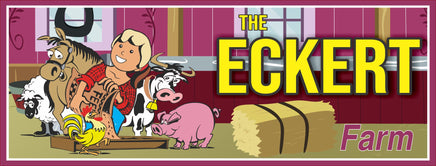 Personalized farm sign with cartoon animals and female farmer character, custom family farm name, printed on durable PVC