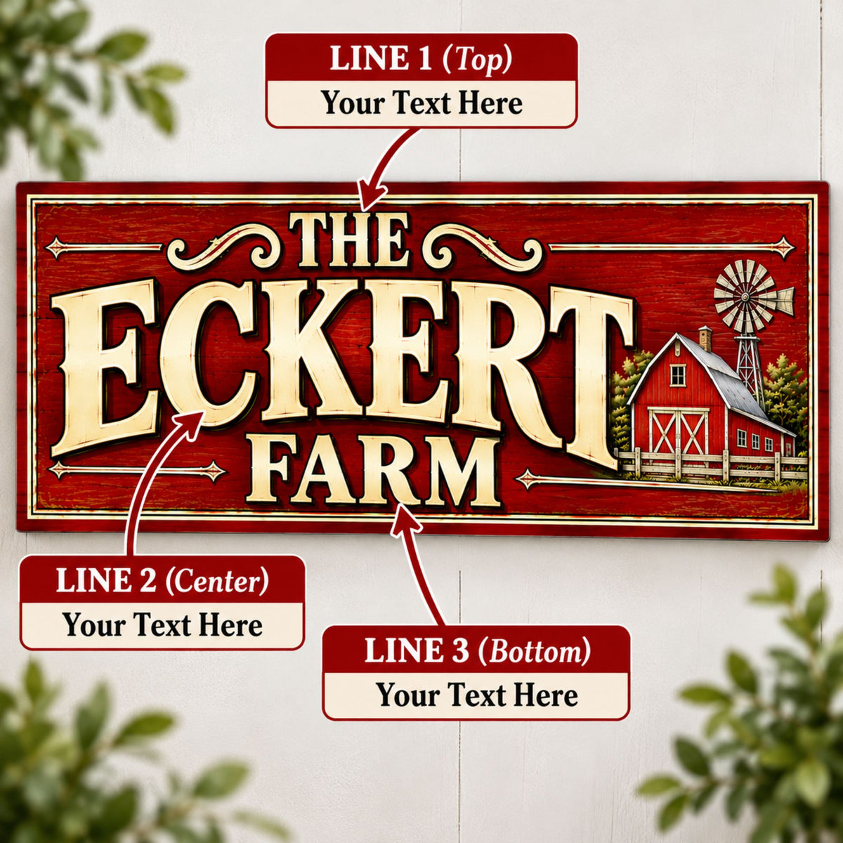 Farm sign personalization guide showing three editable text lines.