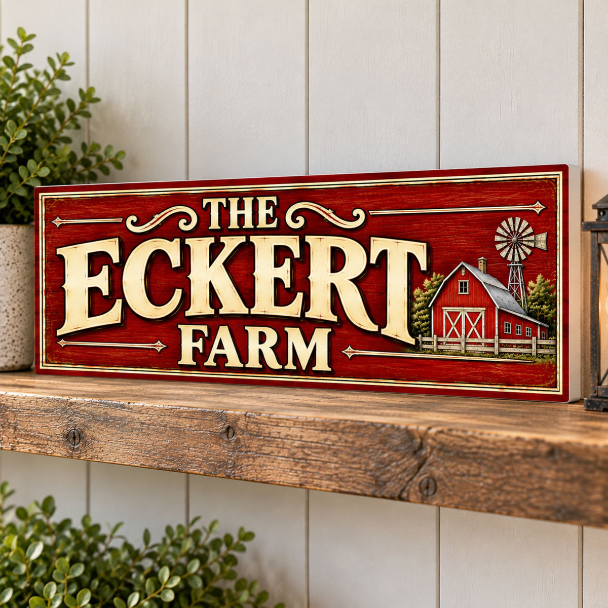 Custom farm sign displayed on a rustic wooden shelf against white farmhouse paneling.