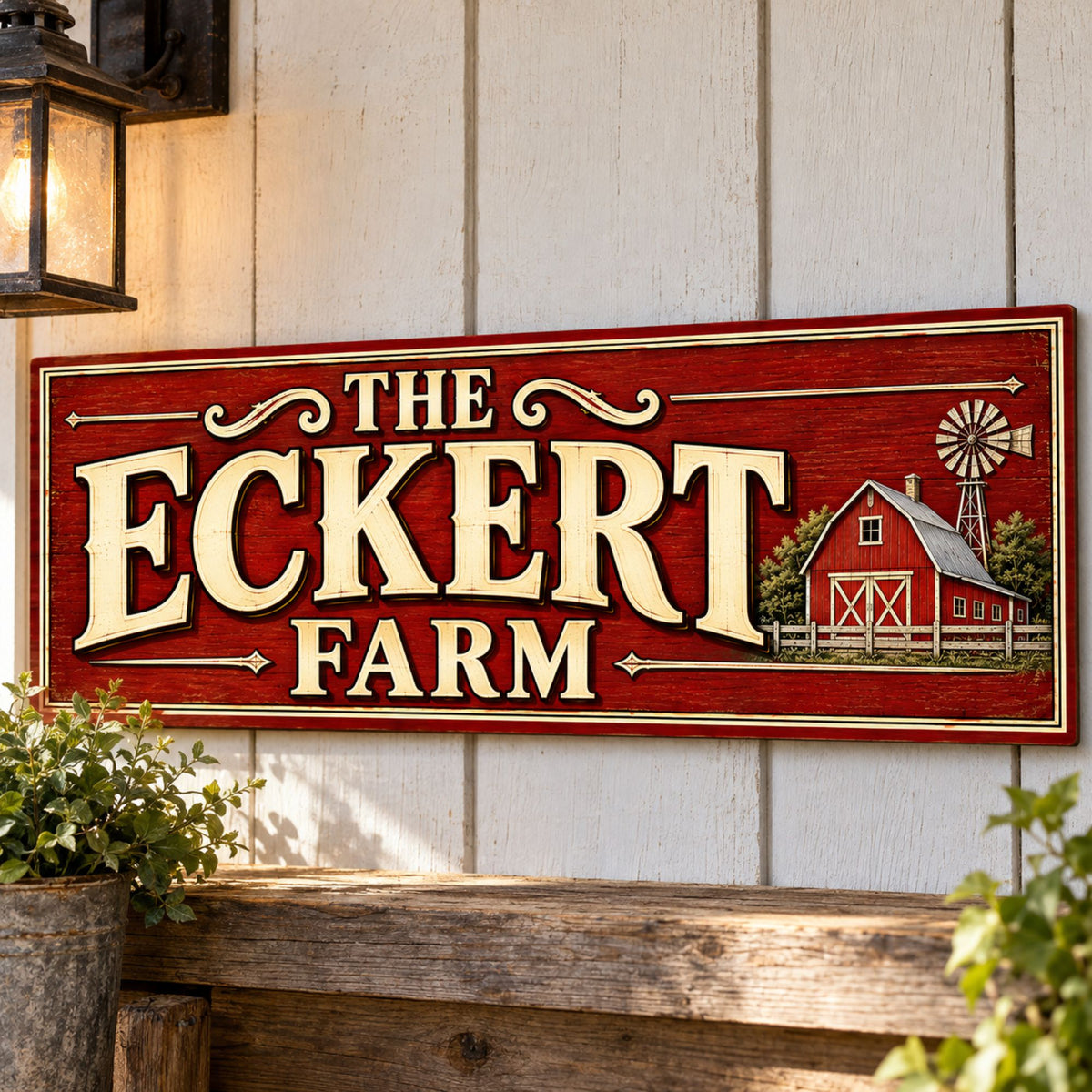 Personalized red farmhouse sign mounted on white paneled wall above a rustic wood shelf.