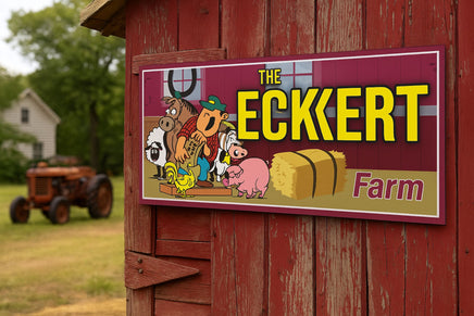 Custom cartoon farm sign mounted on a red barn wall with hay bales and farm animals