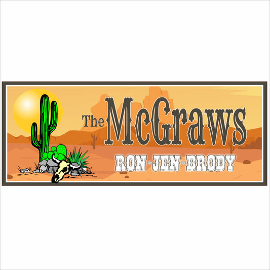 Personalized Western family sign with desert landscape, cactus illustration, and custom family name on white background