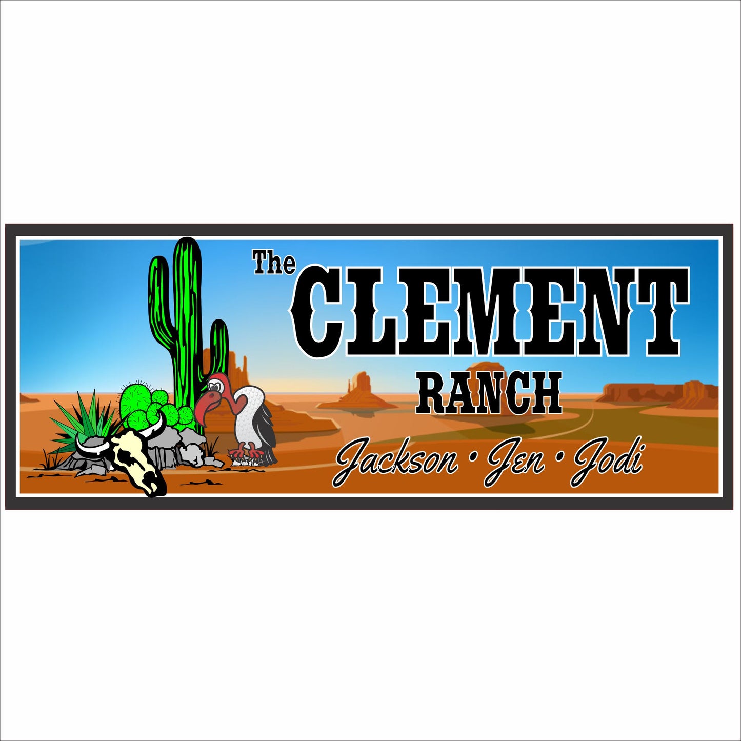 Personalized ranch sign with desert landscape, cactus, western illustration, and custom family name on white background