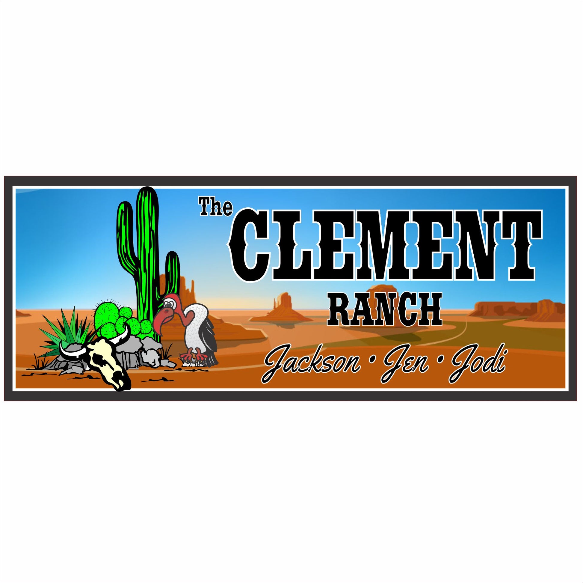 Personalized ranch sign with desert landscape, cactus, western illustration, and custom family name on white background