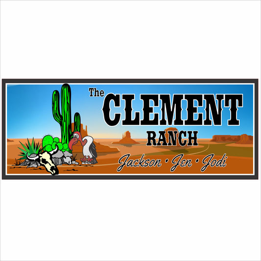 Personalized ranch sign with desert landscape, cactus, western illustration, and custom family name on white background