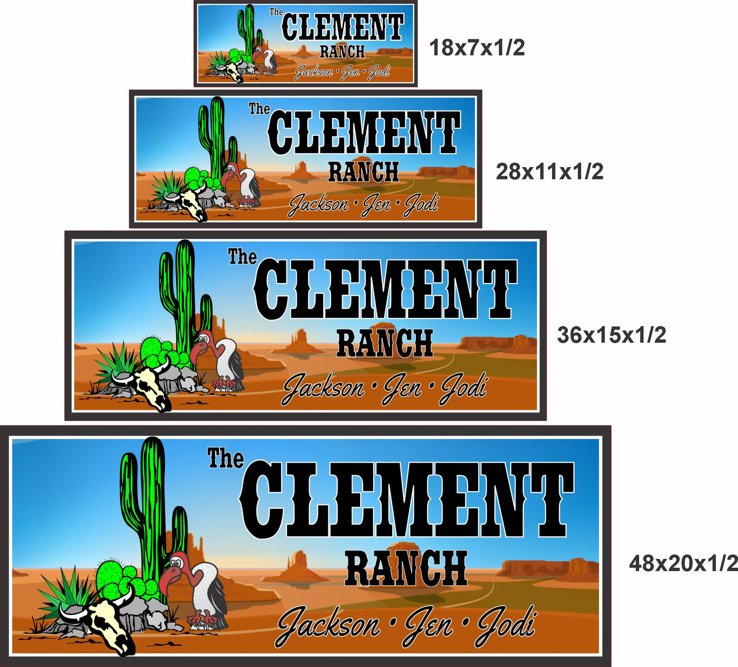 Ranch sign size comparison showing 18x7, 28x11, 36x15, and 48x20 inch options